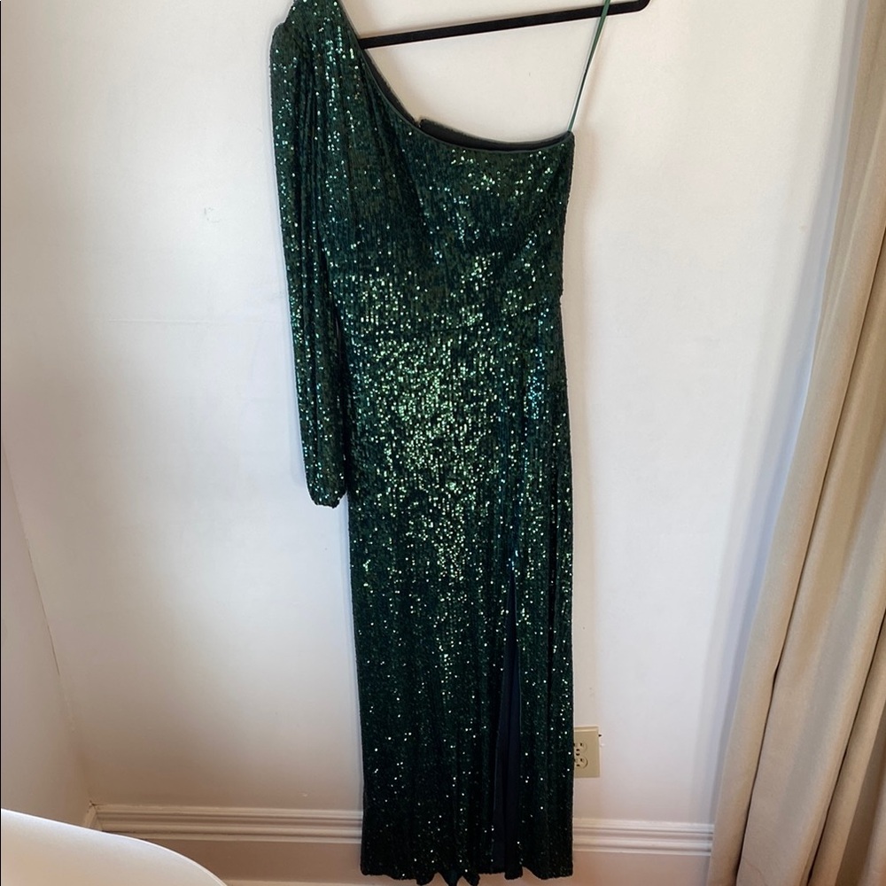 Xscape Emerald Sequin One-Shoulder Cocktail Gown